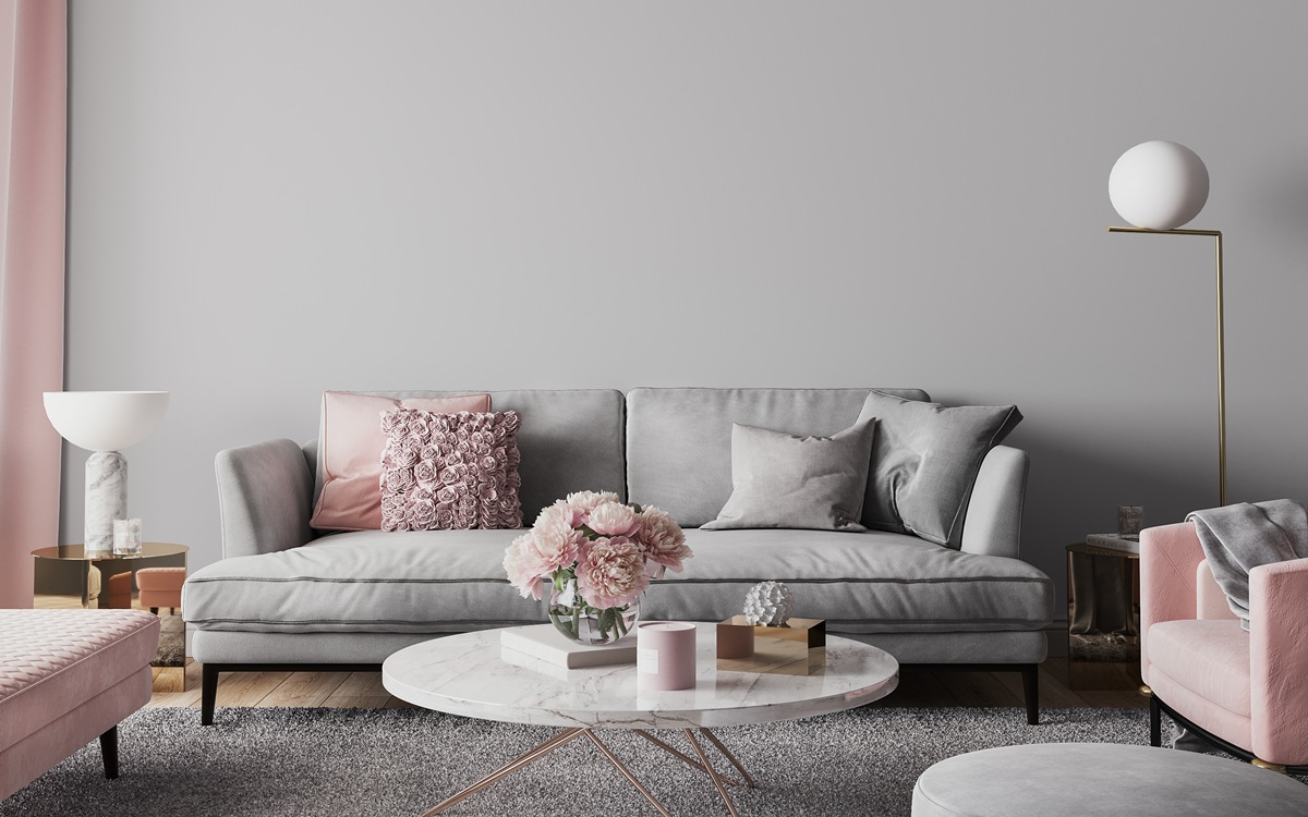 Elegant modern living room design, wall mockup in pink and gray home decor