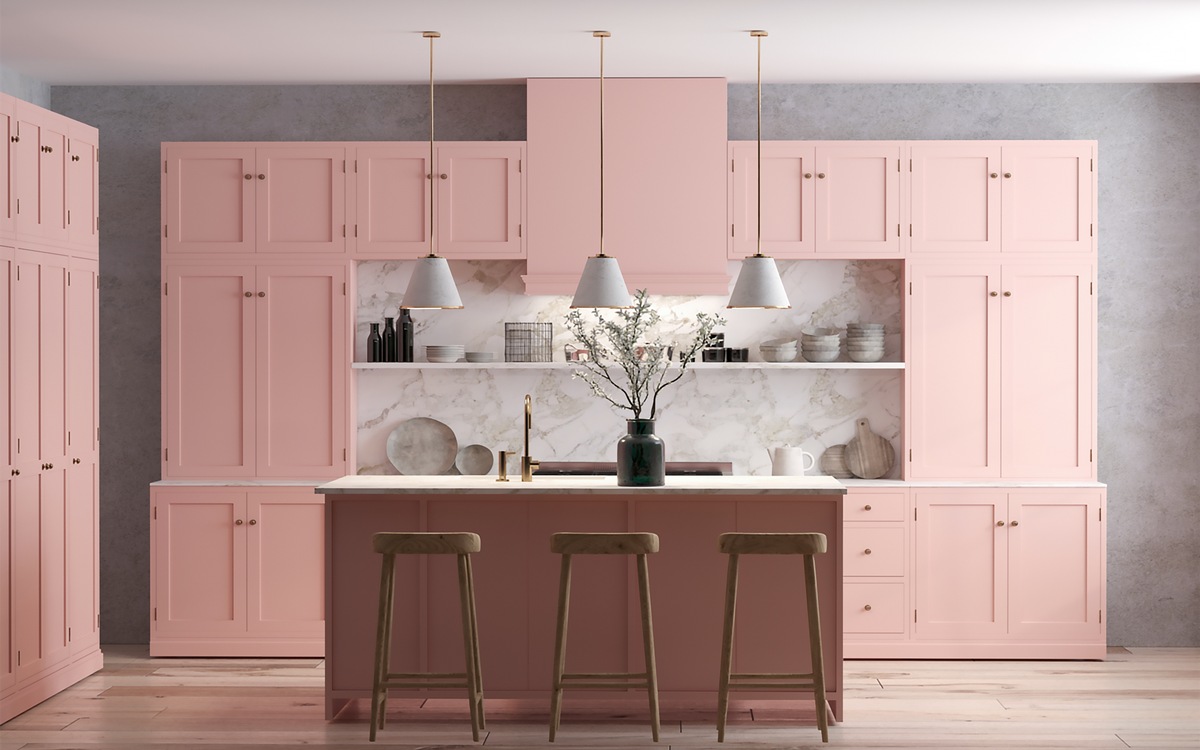 3d rendering of modern kitchen cabinet in pink color.